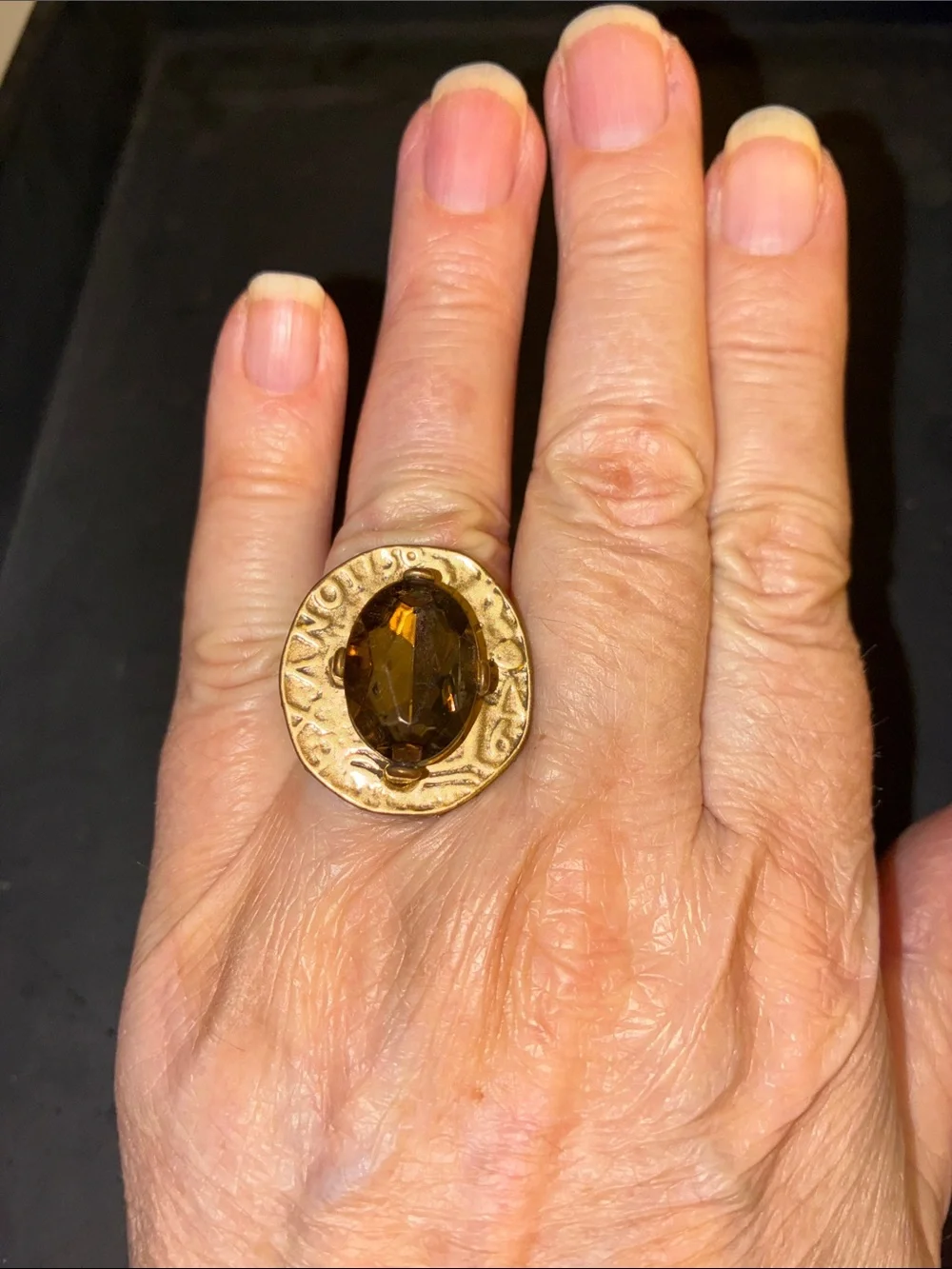 Gold-Tone Stretch Ring with Amber Brown Stone